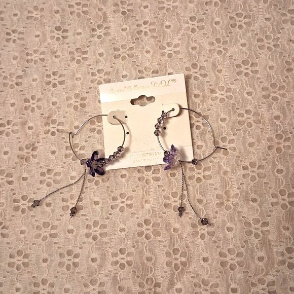 NEW Genuine Purple Austrian Crystal Floral Hoop Earrings 30mm Women Jewelry - Picture 6 of 7